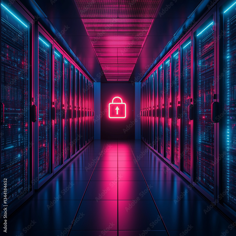 Poster cybersecurity breach alert: glowing neon unauthorized access warning risk code virus threat hacker