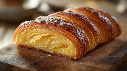 Freshly baked golden croissant resting on a wooden board in a cozy kitchen