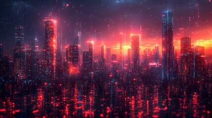 Futuristic smart city glowing skyscrapers digital technology innovation illustration