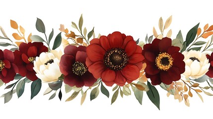 Watercolor floral border arrangement of different flowers and leaves