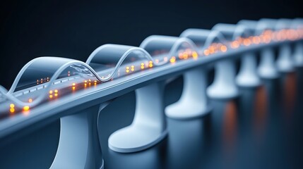 Close-up view of curved futuristic elevated roadway with transparent arches over illuminated lanes supported by modern pillars on dark background