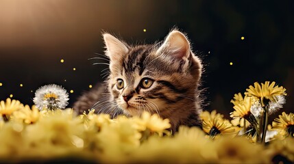 Obraz premium A playful kitten surrounded by vibrant yellow flowers, capturing the essence of innocence and joy in a serene outdoor setting with soft lighting.