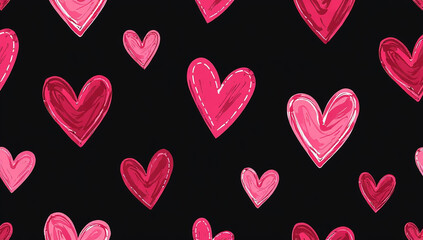 Obraz premium seamless pattern hand drawn pink hearts black background romantic trendy print valentine day holiday