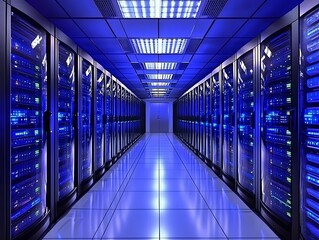 Modern data center showcasing rows of servers and a long hallway