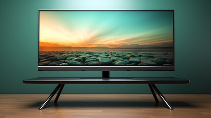 Modern Flat-Screen Television Displaying a Breathtaking Sunset Landscape