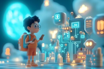 Student using smartphone exploring futuristic smart city metaverse with glowing icons