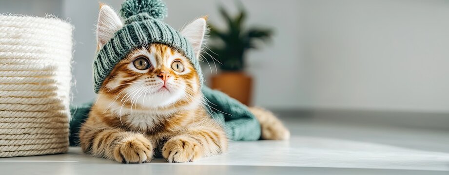 A fluffy ginger cat wearing a cozy green knitted hat, lounging in a modern indoor environment, radiating charm and relaxation.