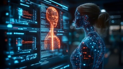 Fototapeta premium Medical innovation futuristic digital healthcare holographic doctor AI-enhanced patient care illustration