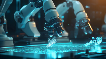 Robotic arms with microscopes working on digital data in a futuristic lab isolated on transparent background