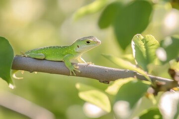 Fototapeta premium Behold the stunning and vibrant green lizard resting on a branch in its natural habitat
