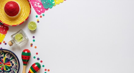 Obraz premium Cinco de Mayo festive flat lay with sombrero, tequila, maracas, and colorful confetti on white background. Mexican fiesta party decoration with copy space