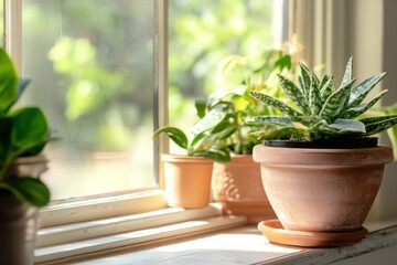 Fototapeta premium Potted plants on windowsill with natural light and copy space on left
