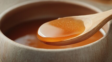Close-up of a wooden spoon resting in a bowl of brown liquid. the spoon is made of light-colored wood and has a smooth, shiny surface.