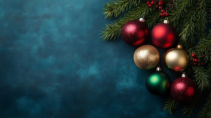 Festive Christmas Baubles and Fir Branches on Teal Background with Copy Space