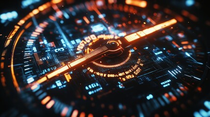 Close-up of a futuristic glowing circular interface featu an orange and black central dial, set against a complex blue background design theme