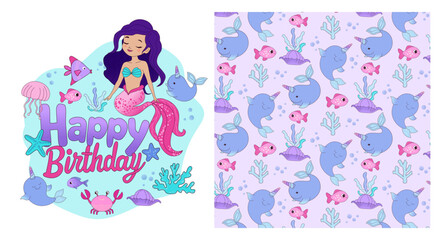 Adorable vector cartoon illustration of underwater life. Mermaids, jellyfish, fish and shells and various seaweed and corals, bubbles. Seamless pattern, perfect for fabric, bedding, wrapping paper and