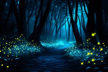 Fototapeta premium Cobblestone path winding through enchanted forest with glowing fireflies at night