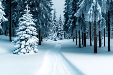 Obraz premium Winding snowy path through a serene winter forest