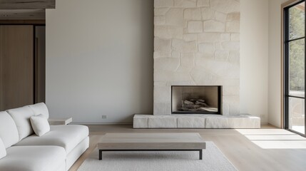 Modern living room with a large window on the right side. the window has a view of trees and greenery outside.