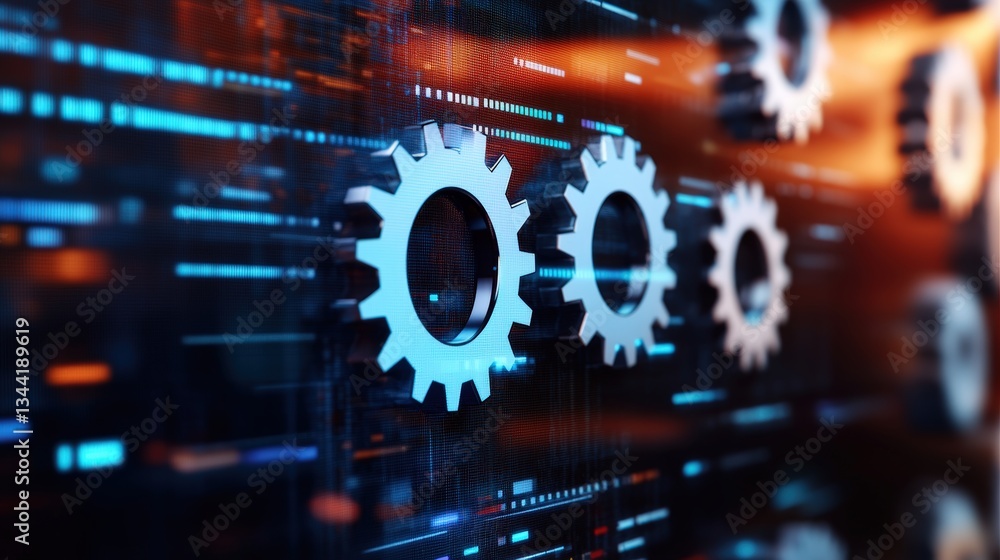 Poster three interlocking metallic gears overlaid with glowing blue and orange streams of digital data repr