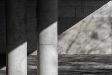 Concrete columns with dramatic shadows in an urban space. A conceptual architectural detail capturing the interplay of light, form, and texture in modern design.