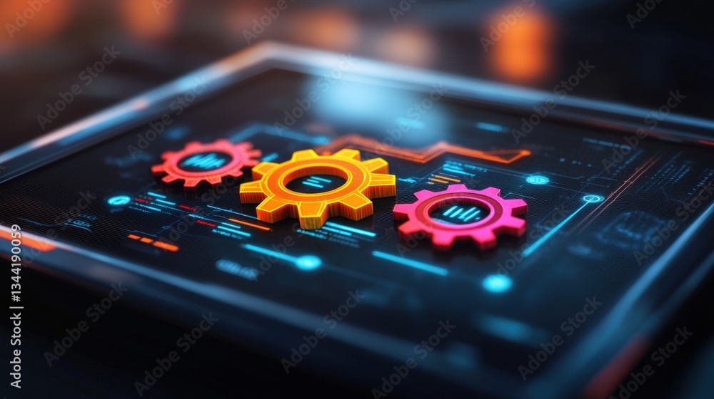 Poster three interconnected gears in orange and pink colors on a dark futuristic digital tablet with glowin