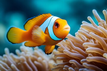 Ocellaris clownfish swimming near magnificent sea anemone