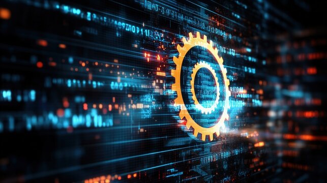 Abstract Digital Illustration Featu Interlocking Gold Gears on a Background of Binary Code and Dynamic Data Streams Representing Technology Evolution