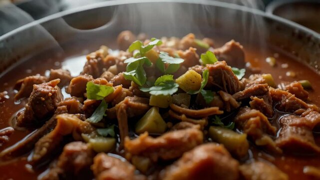 Delicious Steaming Hot Spicy Meat Stew in a Bowl Close Up