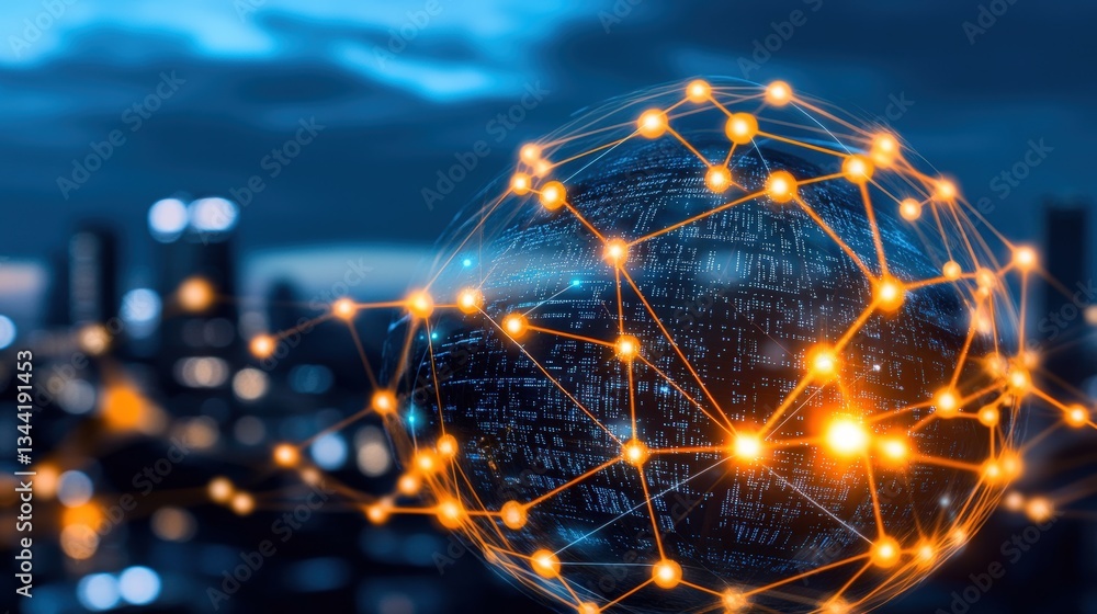 Poster a stylized globe showcasing interconnected nodes illuminated in orange against a twilit city skyline