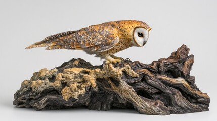 Fototapeta premium A detailed carving of a barn owl perched on a weathered tree stump against a white background.