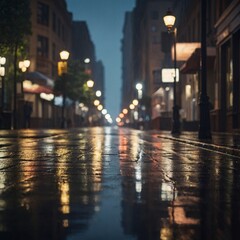 Moody rainy city street at night with glowing reflections on wet pavement
