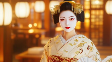 Traditional Geisha With Gleaming Light And Elegant Fan