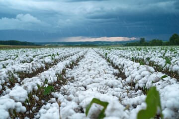Field covered in hail after storm. Row crops damaged by hail. Overcast skies and heavy rain falling on field. Damaged farm crop.
