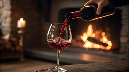 A hand pouring red wine into a crystal glass, with a blurred background of a cozy fireplace. Soft, intimate lighting enhances the rich color of the wine