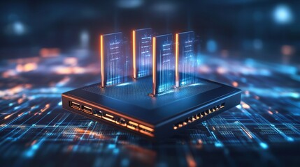 Stylized digital rende of three glowing data servers inserted in a dark computing device atop a circuit board showcasing digital technology design