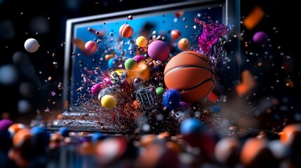Vibrant portal digital art with sports balls erupting from the monitor display
