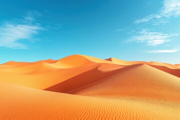 Desert landscape image. Orange sand dunes ripple under a bright blue sky with sparse white clouds. Sunlight and shadow play across the sand.