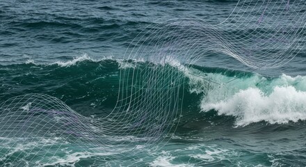 Fototapeta premium Abstract Ocean Wave with Grid Overlay Dark Water Crashing Surf Dynamic Texture