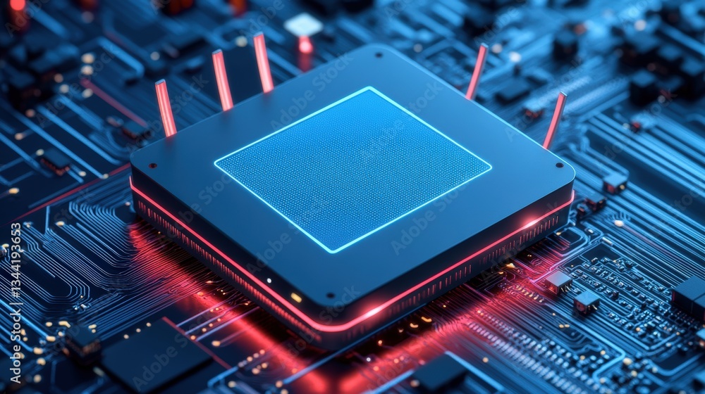 Poster close-up view of an illuminated cpu chip on a complex circuit board highlighting modern technology w
