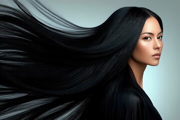 Young Asian woman with long flowing black hair against turquoise background. Professional beauty portrait showcasing healthy, shiny straight hair in motion.