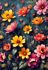 Floral Botanical Art - Vivid Painted Flowers Illustration with Bright Colors and Tropical Wildflowers