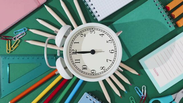 Stopmotion with zoom in, Back to School. alarm clock with moving hands spins in Stop Motion, with school supplies on green background. school time, study breaks, and shopping for school essentials