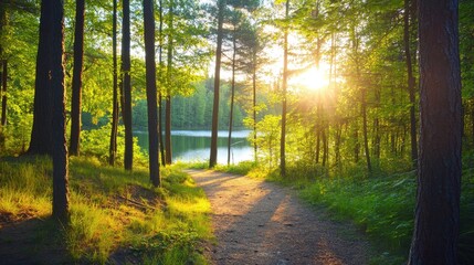 Fototapeta premium A serene forest path leads to a tranquil lake, illuminated by warm sunlight filtering through the trees, creating a peaceful natural scene.