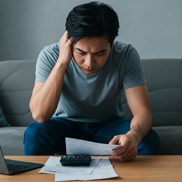 Business financial concept, owe asian young man, male sitting on couch stressed hand calculate expense on table at home from invoice or bill have no money to pay mortgage or loan, debt bankruptcy
