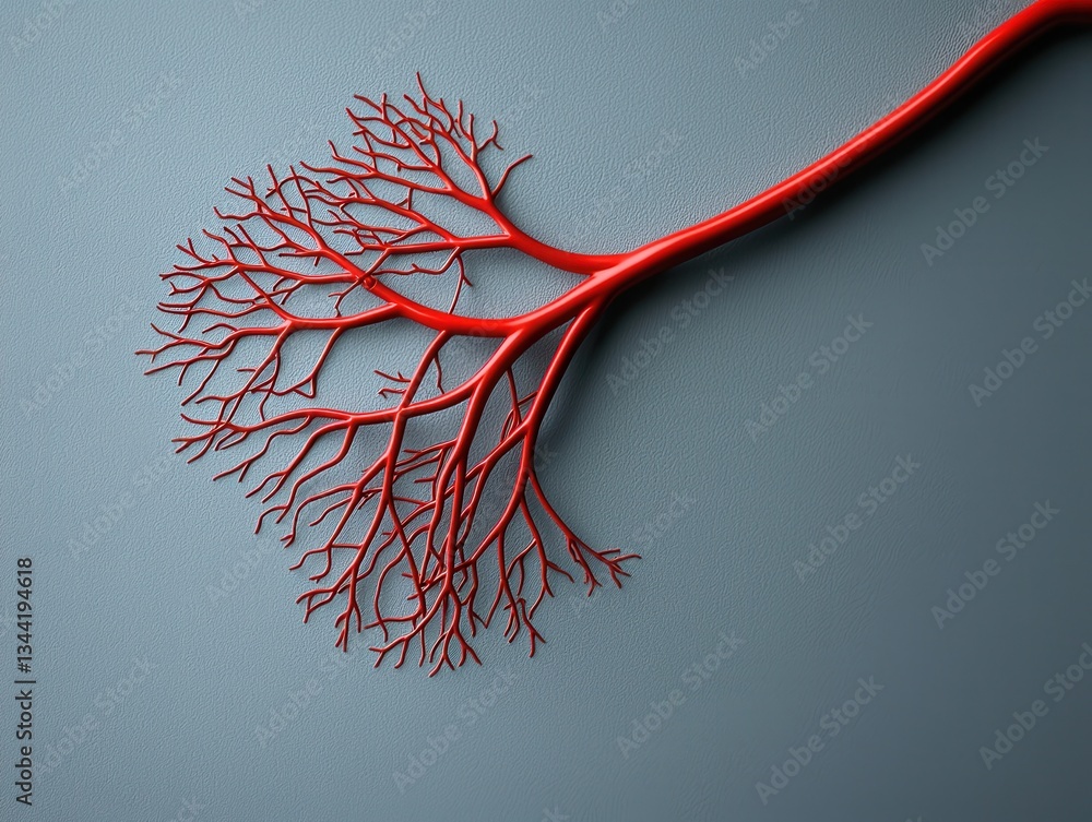 Aufkleber blood flow and heart attack concept. abstract red tree-like structure against a textured gray backgr