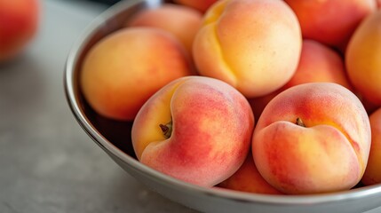 Close-up of a bowl of peaches. the peaches are bright orange and red in color, with some having a slightly wrinkled texture.