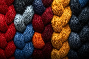 Colorful braided knit fabric texture in vibrant red, blue, yellow and gray colors creates abstract pattern. Close-up macro photography shows detailed wool texture.