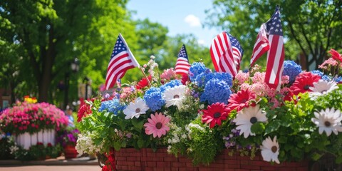 Memorial Day Parade Float Covered in Patriotic Decor and Waving Flags Celebrating National Pride