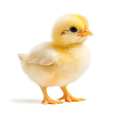 Fototapeta premium A fluffy yellow chick standing in a side view, isolated on a white background. Realistic portrait with bright, curious eyes, tiny wings, and a short beak. High-resolution, soft shadows, cinematic